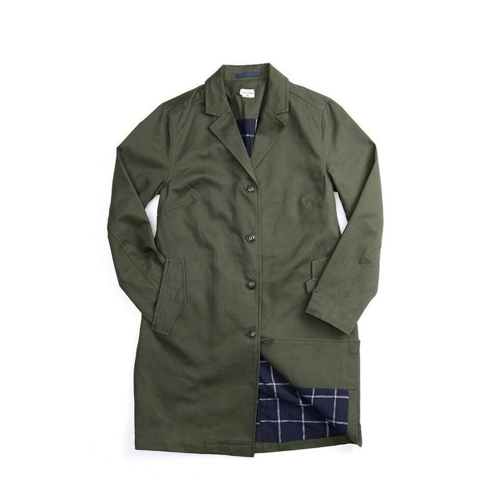 Bridge & Burn Ansdell Duster Olive Green Jacket w Blue Plaid Lining Size Large